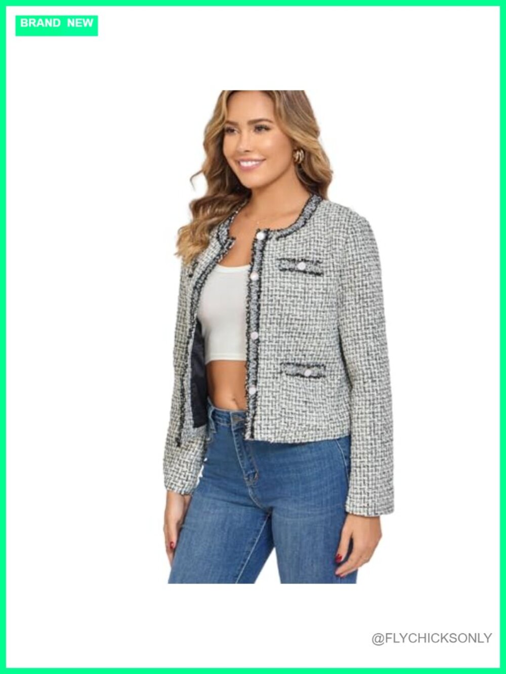 Cropped Tweed Blazer Long Sleeve Crewneck Open Front Lace Trim Lightweight - Picture 3 of 6